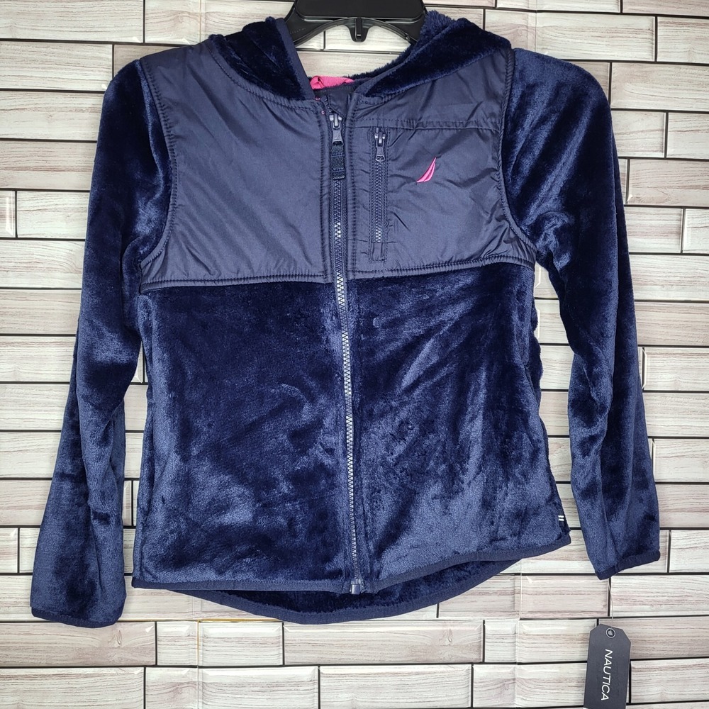 Nautica Girls‎ Navy Blue Plush Fleece Full Zip Hooded Jacket Size 8/10 Size M